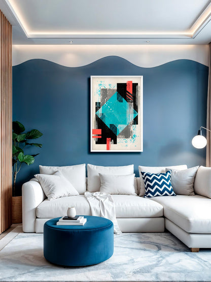 Geometric Layers contemporary geometric abstract canvas wall art featuring layered turquoise, black and grey forms with coral red accents