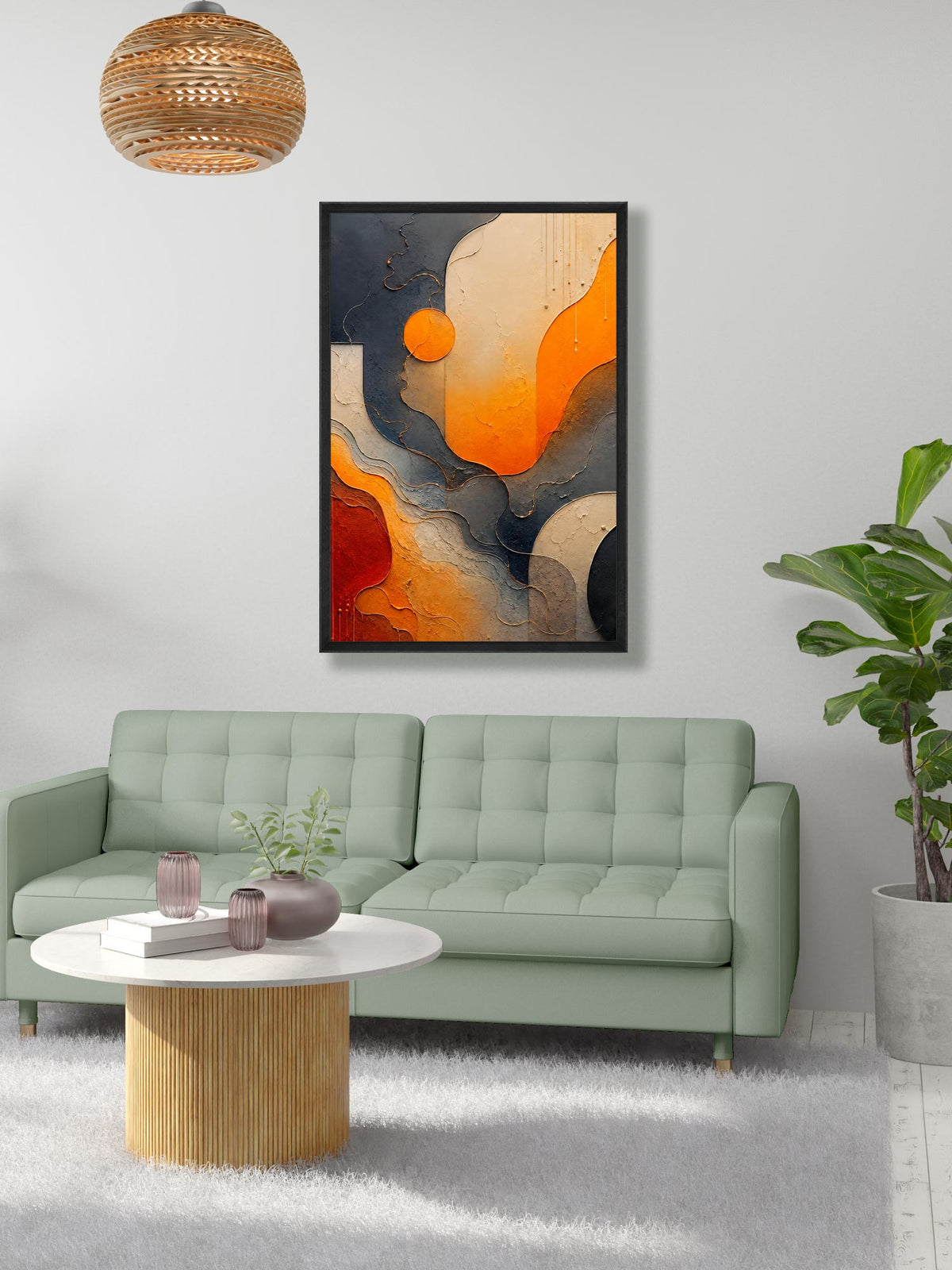 Gilded Currents contemporary abstract canvas wall art featuring flowing burnt orange and charcoal forms with metallic gold lines and textured surfaces