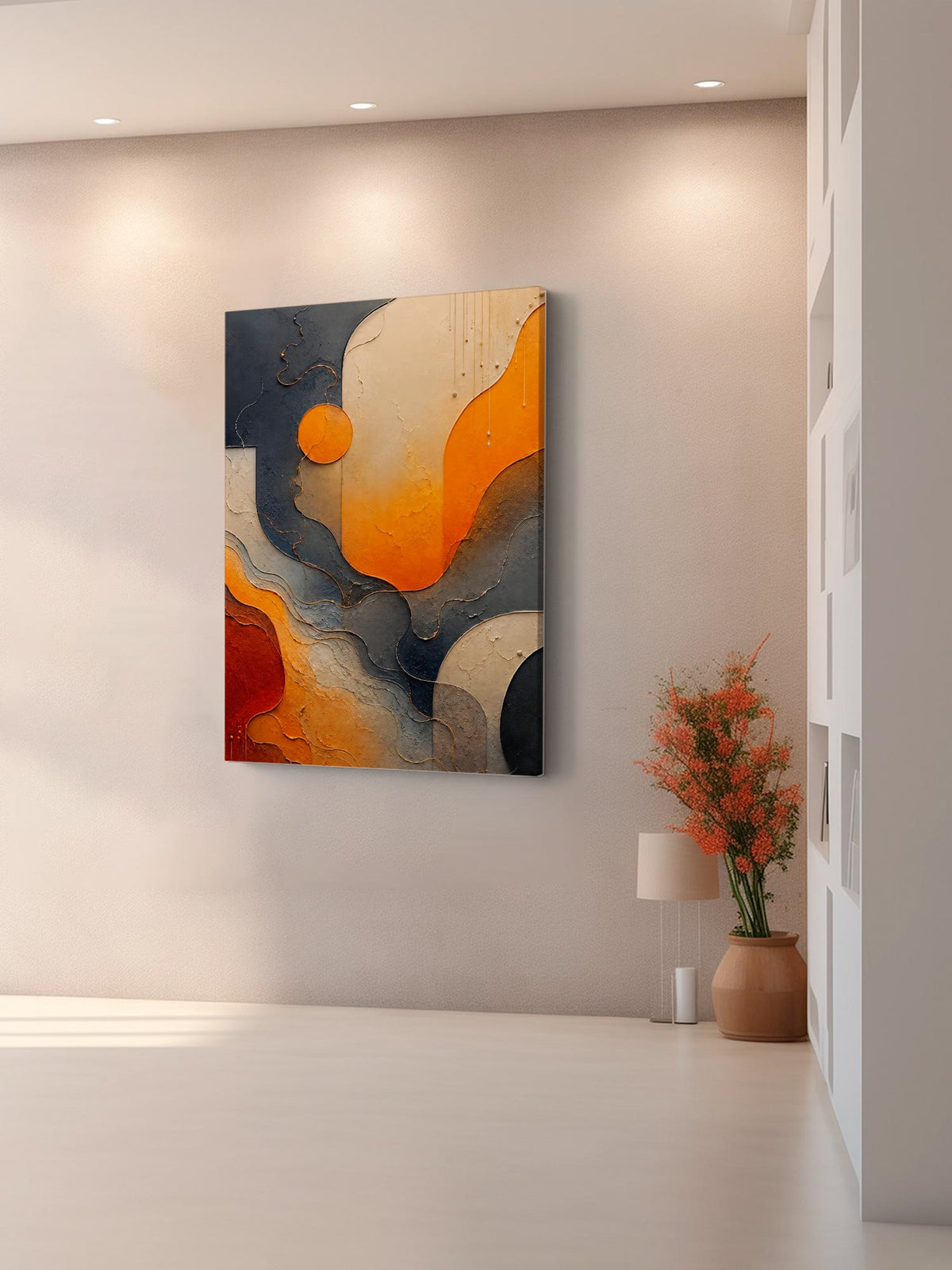 Gilded Currents contemporary abstract canvas wall art featuring flowing burnt orange and charcoal forms with metallic gold lines and textured surfaces