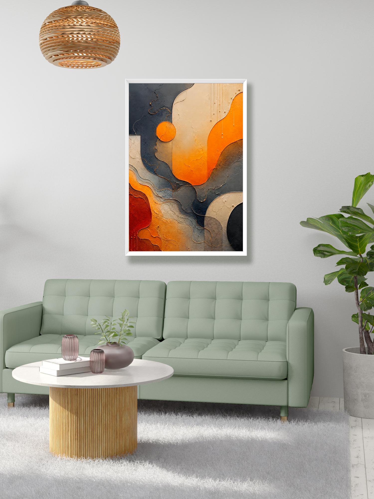 Gilded Currents contemporary abstract canvas wall art featuring flowing burnt orange and charcoal forms with metallic gold lines and textured surfaces
