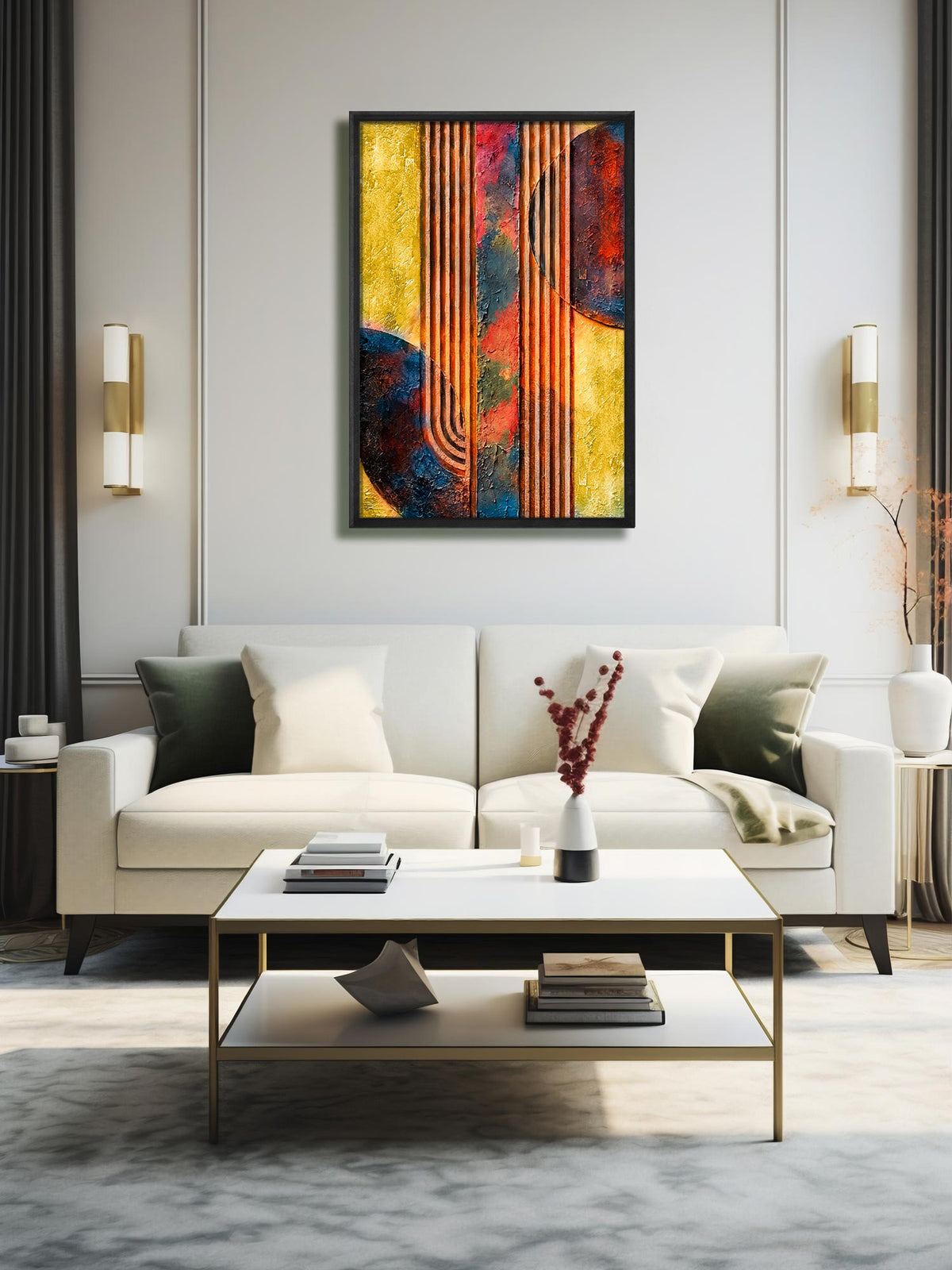 Gilded Lines contemporary textured abstract canvas wall art featuring copper and gold vertical lines with deep blue, burgundy and earthy forms
