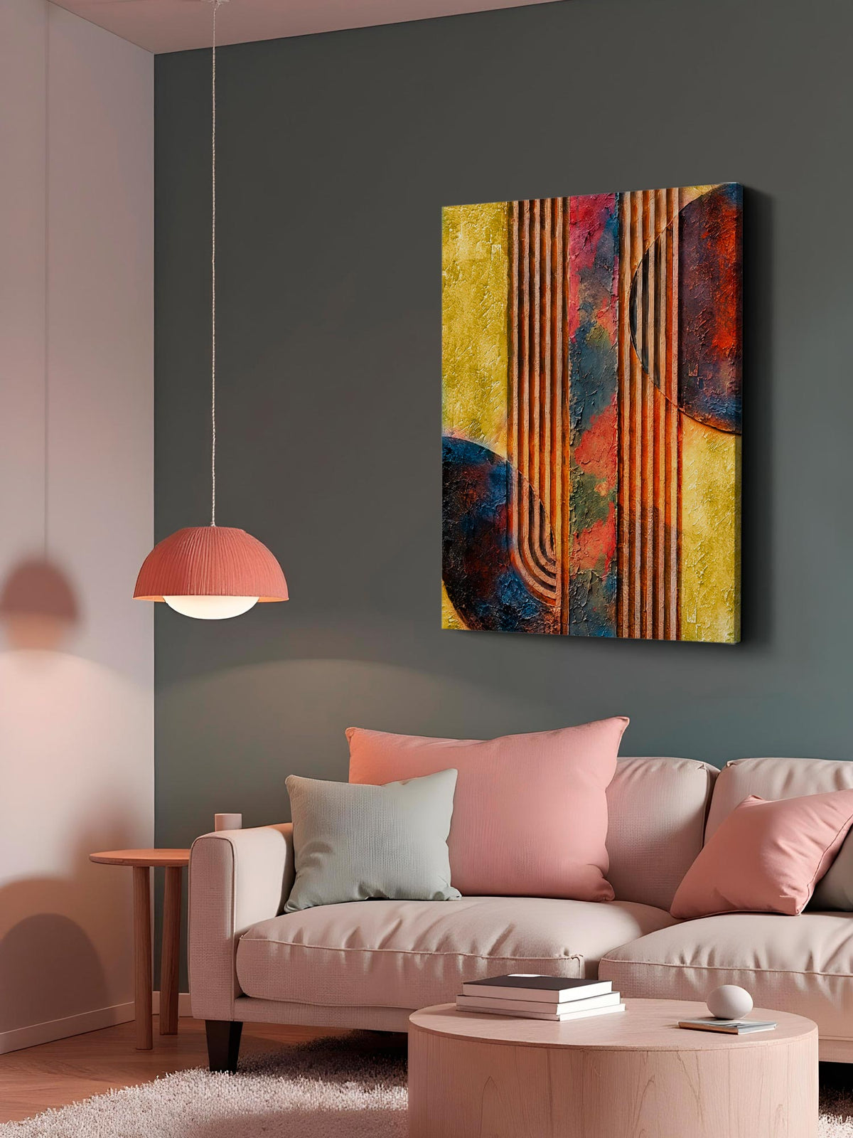 Gilded Lines contemporary textured abstract canvas wall art featuring copper and gold vertical lines with deep blue, burgundy and earthy forms