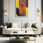 Gilded Lines contemporary textured abstract canvas wall art featuring copper and gold vertical lines with deep blue, burgundy and earthy forms