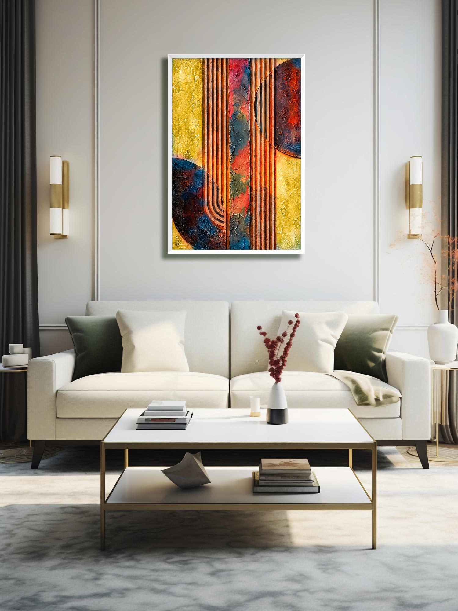 Gilded Lines contemporary textured abstract canvas wall art featuring copper and gold vertical lines with deep blue, burgundy and earthy forms