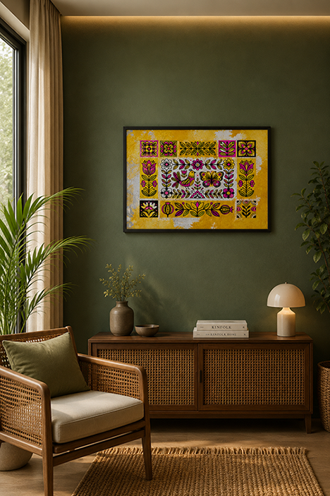 A framed colorful folk-art print with a yellow background hangs on a dark green wall in a styled living room with a wicker chair, sideboard, lamp, and plants.