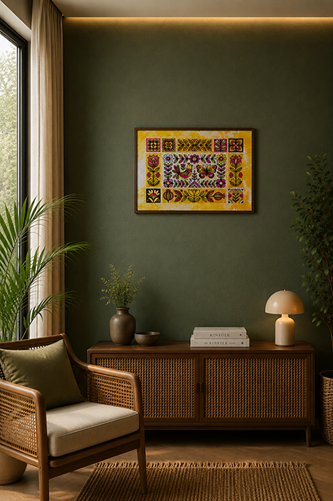 A framed colorful floral and geometric wall art print hangs on a dark green wall above a wooden sideboard in a styled living room with a wicker armchair, plants, and a lamp.