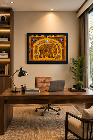 A framed wall art print featuring a golden elephant design hangs above a wooden desk in a modern home office setting with a laptop, lamp, and office chair.