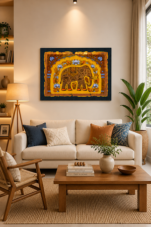 A framed golden wall art print featuring a golden elephant illustration hangs on a beige wall above a cream-coloured sofa in a styled living room setting.