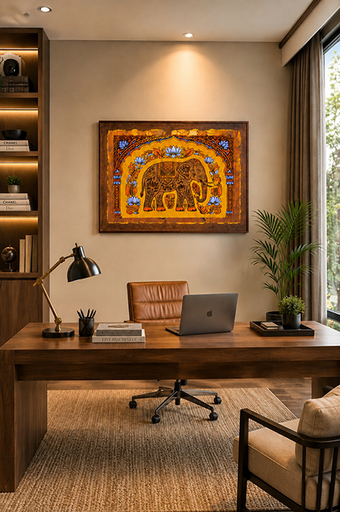 A framed wall art print featuring a golden elephant illustration hangs above a wooden desk in a modern home office setting with a leather chair, laptop, lamp, and plants.