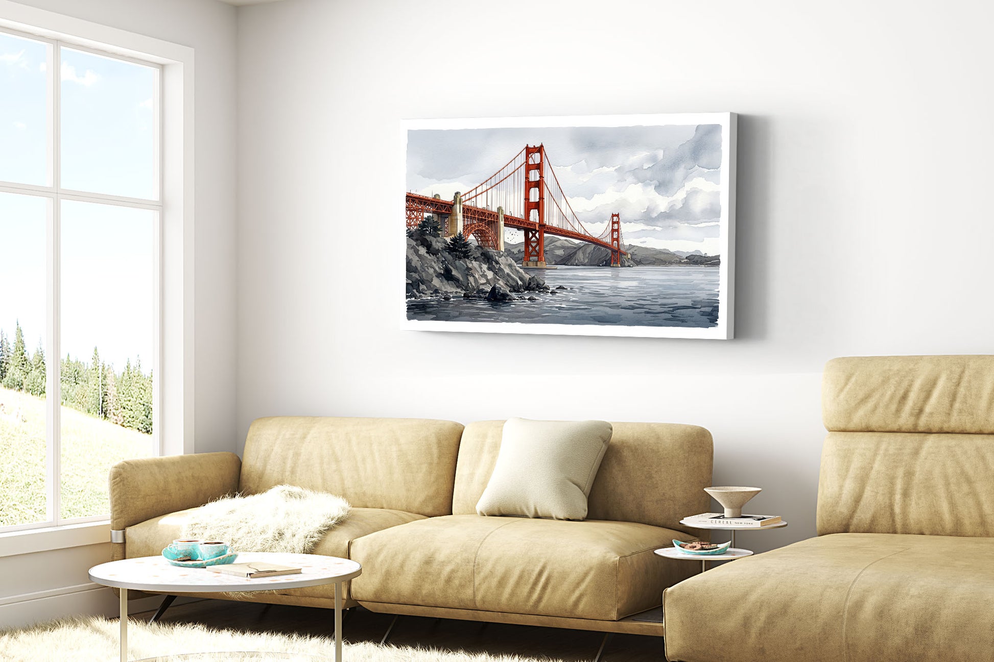 A framed wall art print of the Golden Gate Bridge hanging above a beige sofa in a bright, modern living room.