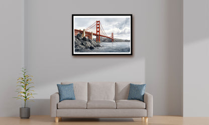 A framed wall art print of the Golden Gate Bridge hanging above a light beige sofa with blue accent pillows in a minimalist living room setting.
