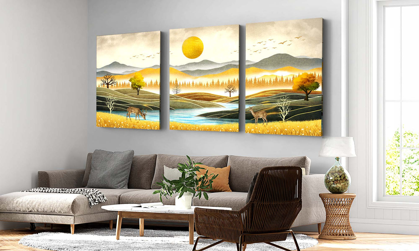 Set of 3 Canvas wall art featuring deer mountains, golden sun with trees