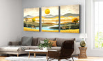 Set of 3 Canvas wall art featuring deer mountains, golden sun with trees