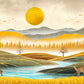Luxury triptych set of 3 canvas wall art featuring golden meadows, tranquil river, deer, mountain landscapes, forest silhouettes, and a radiant golden sun.