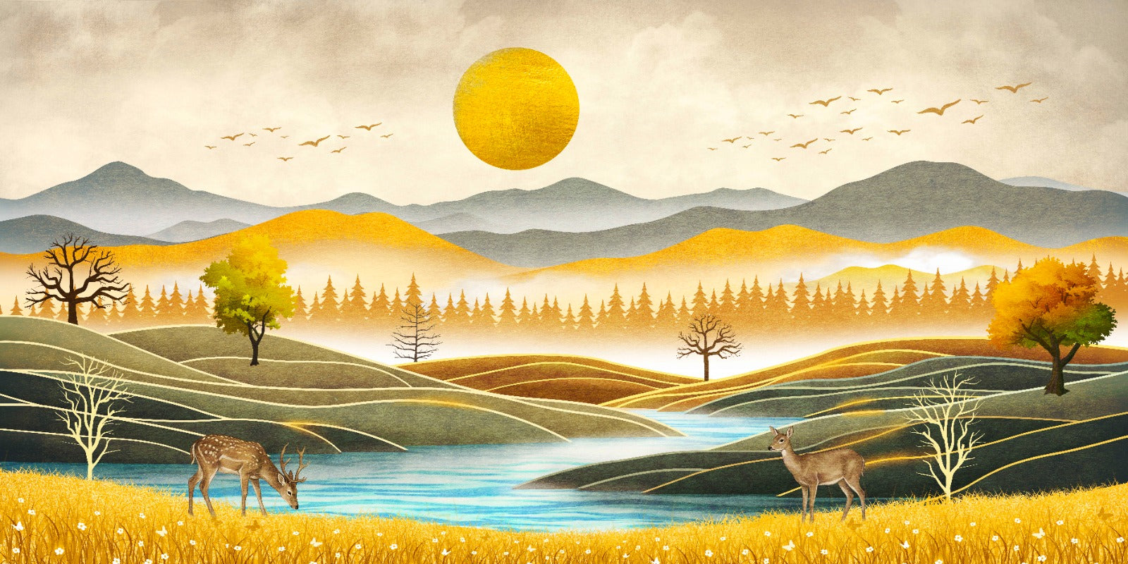 Luxury triptych set of 3 canvas wall art featuring golden meadows, tranquil river, deer, mountain landscapes, forest silhouettes, and a radiant golden sun.