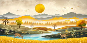 Luxury triptych set of 3 canvas wall art featuring golden meadows, tranquil river, deer, mountain landscapes, forest silhouettes, and a radiant golden sun.