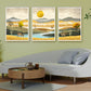 Luxury triptych set of 3 canvas wall art featuring golden meadows, tranquil river, deer, mountain landscapes, forest silhouettes, and a radiant golden sun.