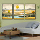 Luxury triptych set of 3 canvas wall art featuring golden meadows, tranquil river, deer, mountain landscapes, forest silhouettes, and a radiant golden sun.