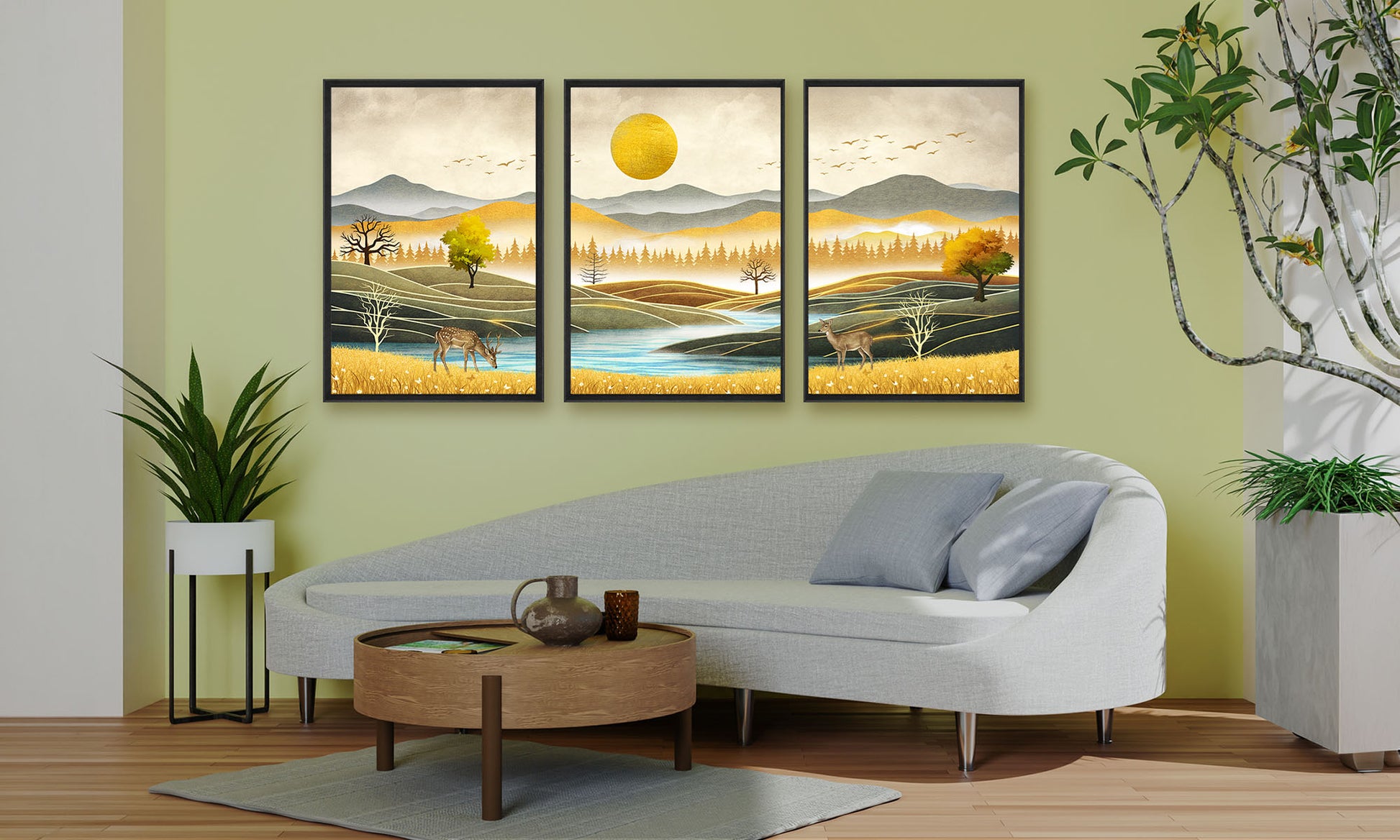 Luxury triptych set of 3 canvas wall art featuring golden meadows, tranquil river, deer, mountain landscapes, forest silhouettes, and a radiant golden sun.