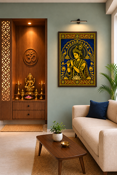 A framed gold and blue wall art print depicting a Krishna deity, styled in a modern living room next to a beige sofa and a wooden altar.