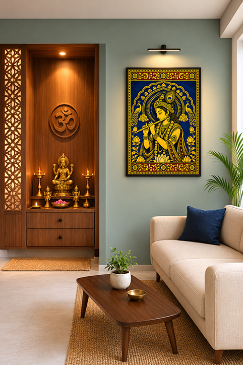 A framed gold and blue wall art print depicting a Krishna deity, styled in a modern living room setting next to a beige sofa and a wooden altar.