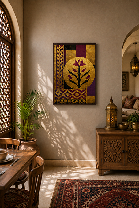 A framed golden canvas wall art print featuring a stylised floral motif in gold, purple, and red, displayed in a warm, sunlit dining room with wooden furniture and a patterned rug.