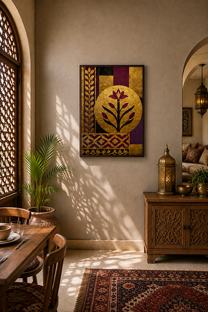 A framed golden canvas wall art print featuring a stylised floral motif in gold, purple, and red, displayed in a warm, sunlit dining room with wooden furniture and a patterned rug.