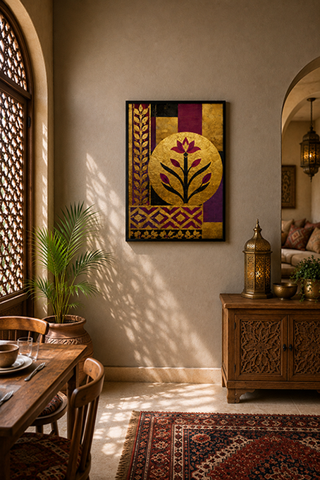 A framed wall art print featuring a stylized botanical design in gold, purple, black, and red, displayed in a warm, sunlit room with wooden furniture and a patterned rug.