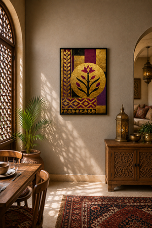 A framed wall art print featuring a stylized botanical design in gold, purple, black, and red, displayed in a warm, sunlit room with wooden furniture and a patterned rug.