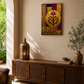 A framed vertical canvas art print featuring a golden lotus flower and traditional geometric borders, displayed on a beige wall in a beautifully styled room with a carved wooden console table, a brass lantern, and a potted plant.