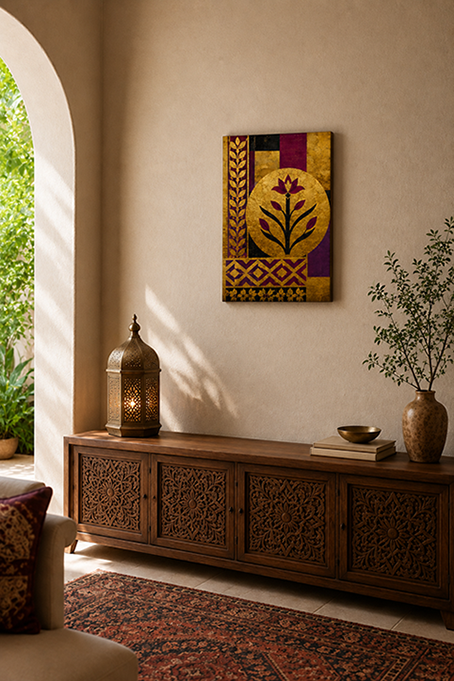 A framed vertical canvas art print featuring a golden lotus flower and traditional geometric borders, displayed on a beige wall in a beautifully styled room with a carved wooden console table, a brass lantern, and a potted plant.