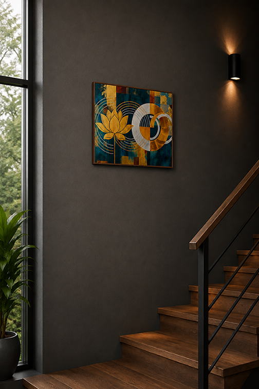 A square abstract wall art print featuring a yellow lotus flower and a white circular motif on a blue and gold background, displayed on a dark grey wall in a modern staircase hallway.