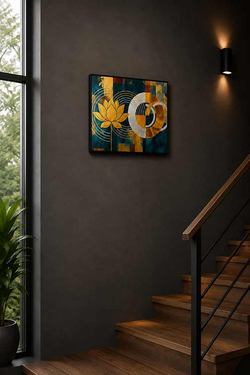 A framed abstract wall art piece featuring a yellow lotus flower and geometric shapes in blue, gold, and white, displayed on a dark grey wall in a modern interior with wooden stairs and a window.