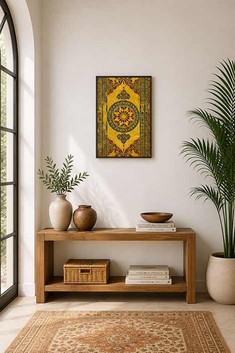 A framed wall art print featuring a golden-yellow and green ornate geometric pattern, displayed in a styled room above a wooden console table with plants and books.