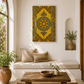 A vertical canvas print featuring a yellow and green ornate Persian-style pattern, displayed on a white wall in a bright, modern boho-style living room with a wooden bench, coffee table, and potted plants.