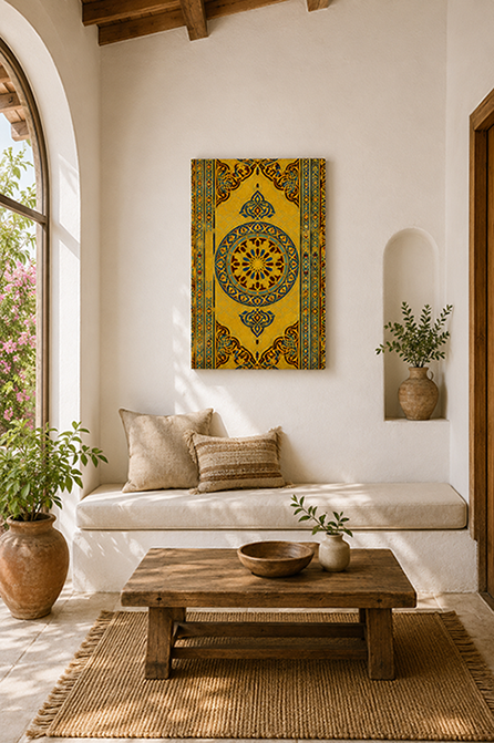 A vertical canvas print featuring a yellow and green ornate Persian-style pattern, displayed on a white wall in a bright, modern boho-style living room with a wooden bench, coffee table, and potted plants.