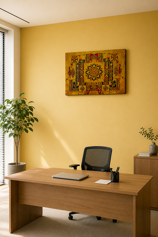 A modern home office setup featuring a light wood desk and black mesh office chair against a warm yellow wall, with a framed geometric tapestry hanging above. A potted plant stands on the left, and a small side table with a vase is on the right.