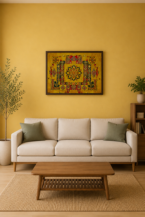 A golden Mosaic wall art piece with a colourful geometric and floral central motif hangs on a mustard yellow wall above a cream sofa in a styled living room.