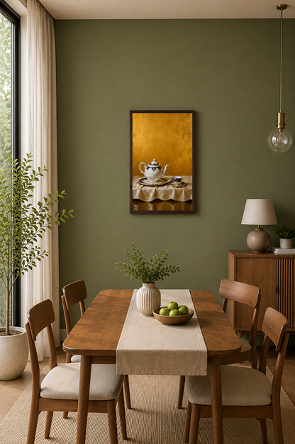 A framed art print depicting a still life of a teapot on a gold background, hung on a sage green wall in a modern dining room setting with a wooden table, chairs and a table runner.