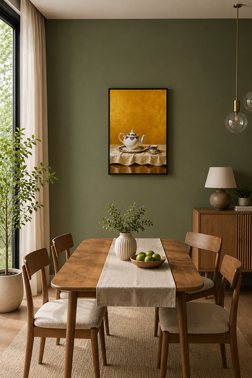 A framed art print depicting a teapot on a table against a golden-yellow background, hung on a dark olive green wall in a styled dining room with a wooden dining table, chairs, and a vase.