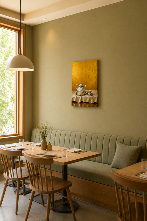 A warm, modern dining nook with a light wood table, wooden spindle-back chairs, a green pleated banquette, and a textured olive-green wall featuring a gold-toned still life painting.