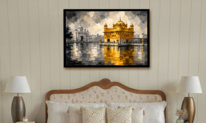 A framed art print depicting the Golden Temple in Amritsar, displayed on a beige paneled wall above a bed with pillows and bedside lamps.