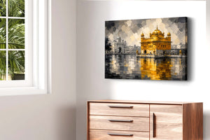 A rectangular canvas wall art print depicting the Golden Temple in Amritsar, rendered in a textured golden-yellow and gray painting with reflections in water, displayed on a white wall above a wooden dresser.