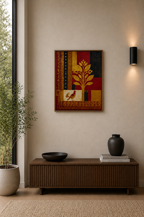 A framed golden canvas art print featuring a stylized golden tree and a bird, displayed on a beige wall in a modern living room setting above a dark wood console table.