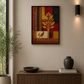 A framed canvas wall  art print with red, gold, and black geometric patterns hangs on a beige wall above a wooden console table in a styled interior setting.