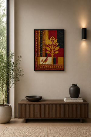 A framed canvas wall  art print with red, gold, and black geometric patterns hangs on a beige wall above a wooden console table in a styled interior setting.
