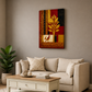 A vertical canvas wall art print featuring a stylized golden tree and a rooster in a red, black, and gold pattern, displayed on a gray wall above a beige sofa in a living room setting.