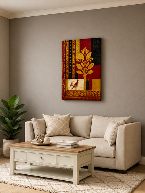 A vertical canvas wall art print featuring a stylized golden tree and a rooster in a red, black, and gold pattern, displayed on a gray wall above a beige sofa in a living room setting.