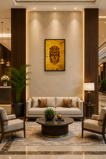 A framed wall art piece featuring a stylized golden mask hangs above a beige sofa in a modern, well-lit living room with dark wood slat columns, armchairs, and a round coffee table.