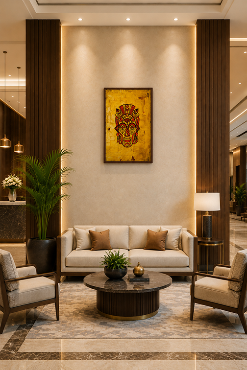 A modern living room interior featuring a beige sofa, two matching armchairs, a round dark coffee table, and a large framed gold wall art piece with a stylized face design, set against a warm beige wall with decorative wood slat columns.